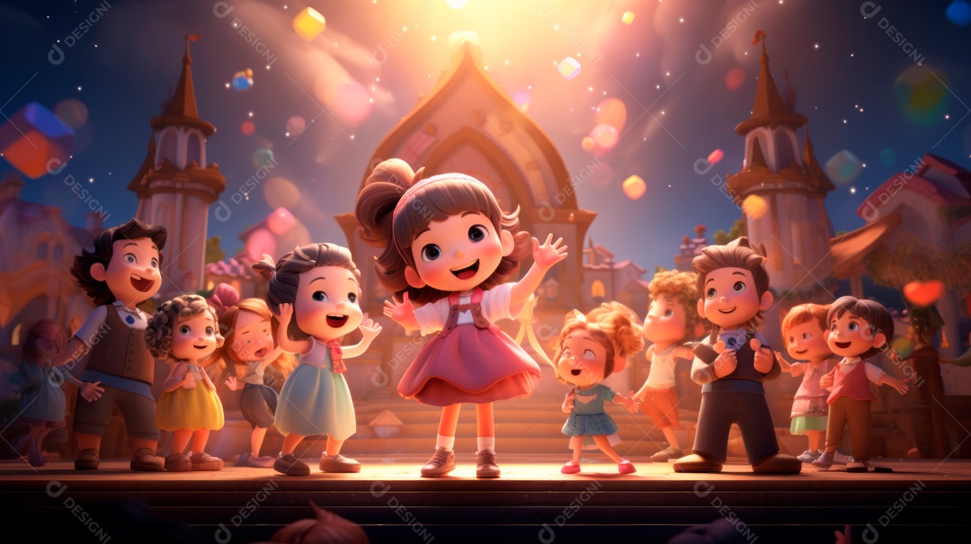 Personagens de desenhos animados comemorando uma festa de aniversário em estilo 3D.