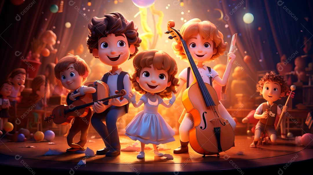 Personagens de desenhos animados comemorando uma festa de aniversário em estilo 3D.