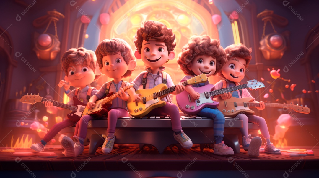 Personagens de desenhos animados cantando e tocando música em um cenário 3D.