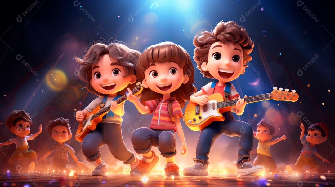 Personagens de desenhos animados comemorando uma festa de aniversário em estilo 3D.