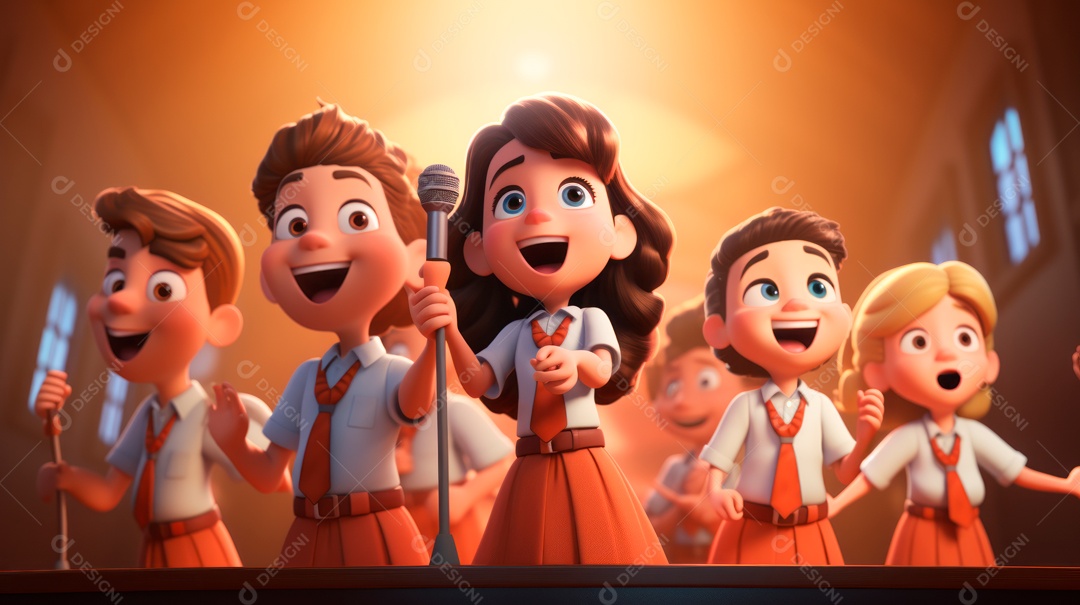 Personagens de desenhos animados comemorando uma festa de aniversário em estilo 3D.