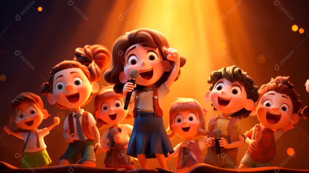 Personagens de desenhos animados comemorando uma festa de aniversário em estilo 3D.