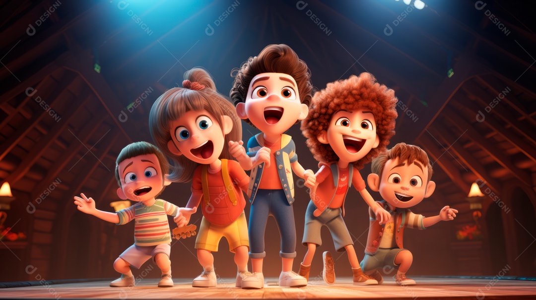 Personagens de desenhos animados comemorando uma festa de aniversário em estilo 3D.