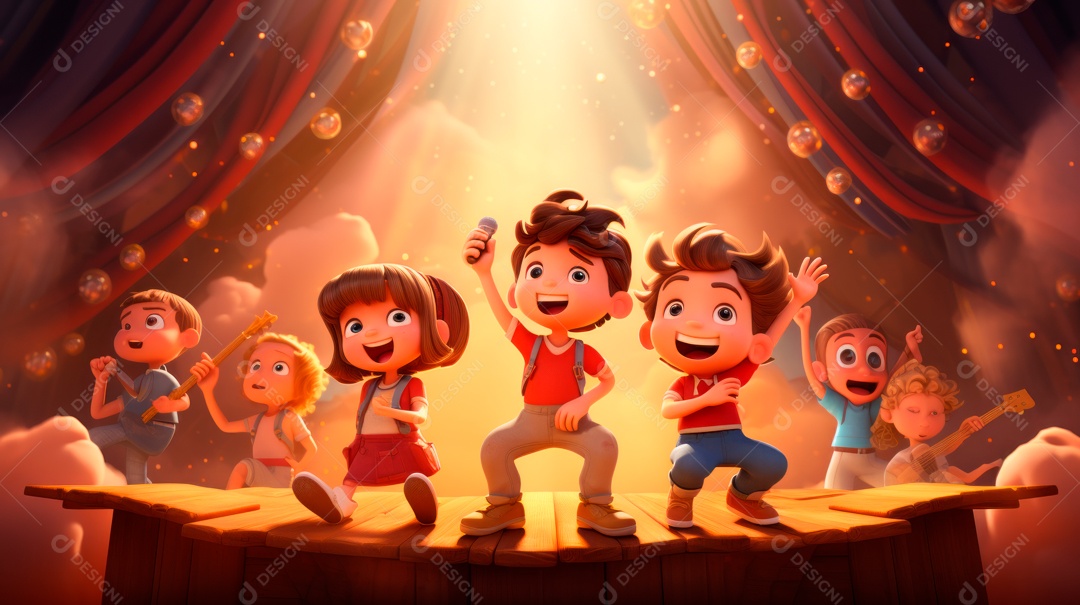 Personagens de desenhos animados comemorando uma festa de aniversário em estilo 3D.