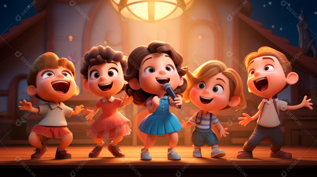 Personagens de desenhos animados comemorando uma festa de aniversário em estilo 3D.