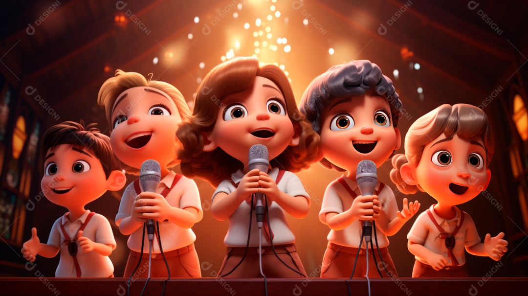 Personagens de desenhos animados comemorando uma festa de aniversário em estilo 3D.