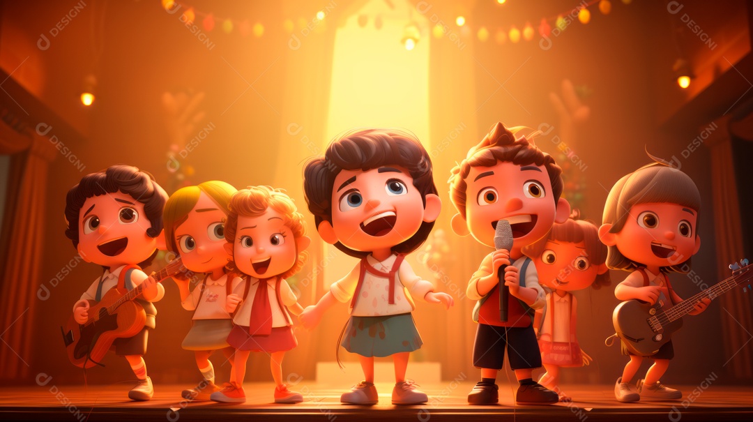 Personagens de desenhos animados comemorando uma festa de aniversário em estilo 3D.