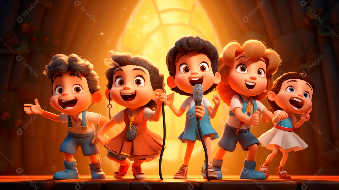 Personagens de desenhos animados comemorando uma festa de aniversário em estilo 3D.