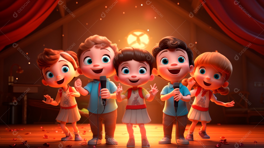 Personagens de desenhos animados comemorando uma festa de aniversário em estilo 3D.