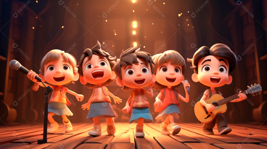 Personagens de desenhos animados cantando e tocando música em um cenário 3D.