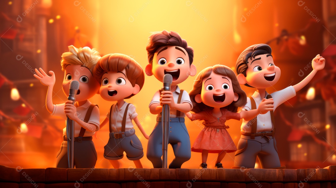 Personagens de desenhos animados cantando e tocando música em um cenário 3D.