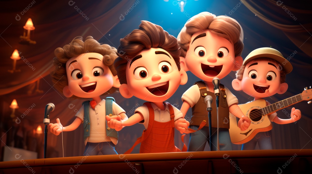 Personagens de desenhos animados cantando e tocando música em um cenário 3D.