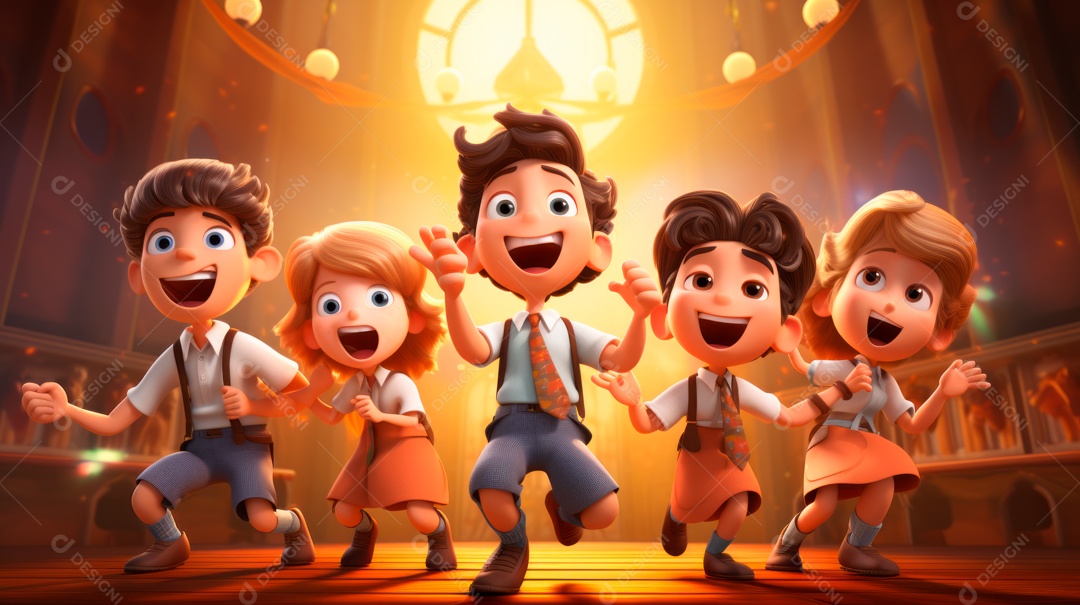 Personagens de desenhos animados cantando e tocando música em um cenário 3D.