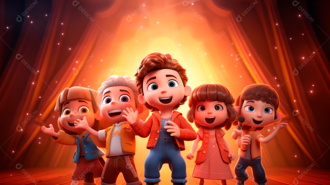 Personagens de desenhos animados cantando e tocando música em um cenário 3D.