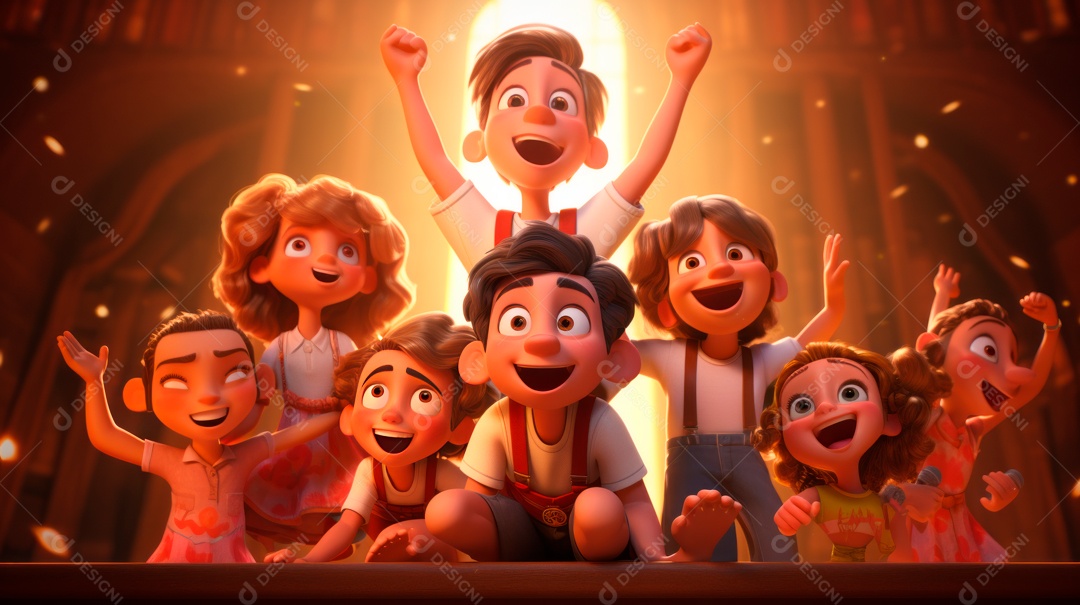 Personagens de desenhos animados cantando e tocando música em um cenário 3D.