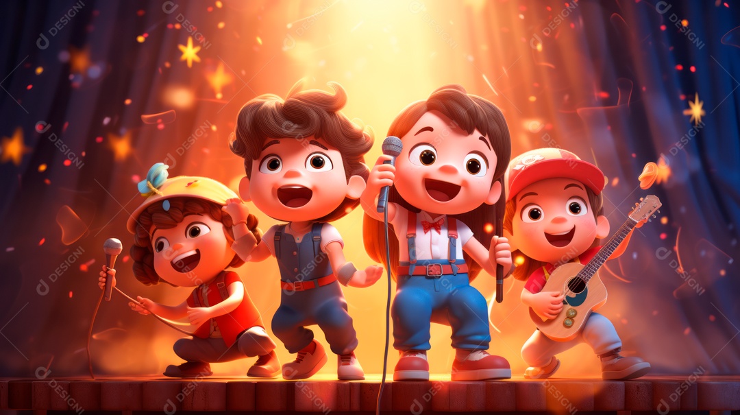 Personagens de desenhos animados cantando e tocando música em um cenário 3D.