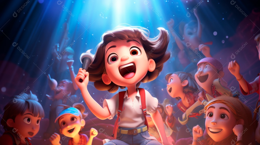 Personagens de desenhos animados cantando e tocando música em um cenário 3D.