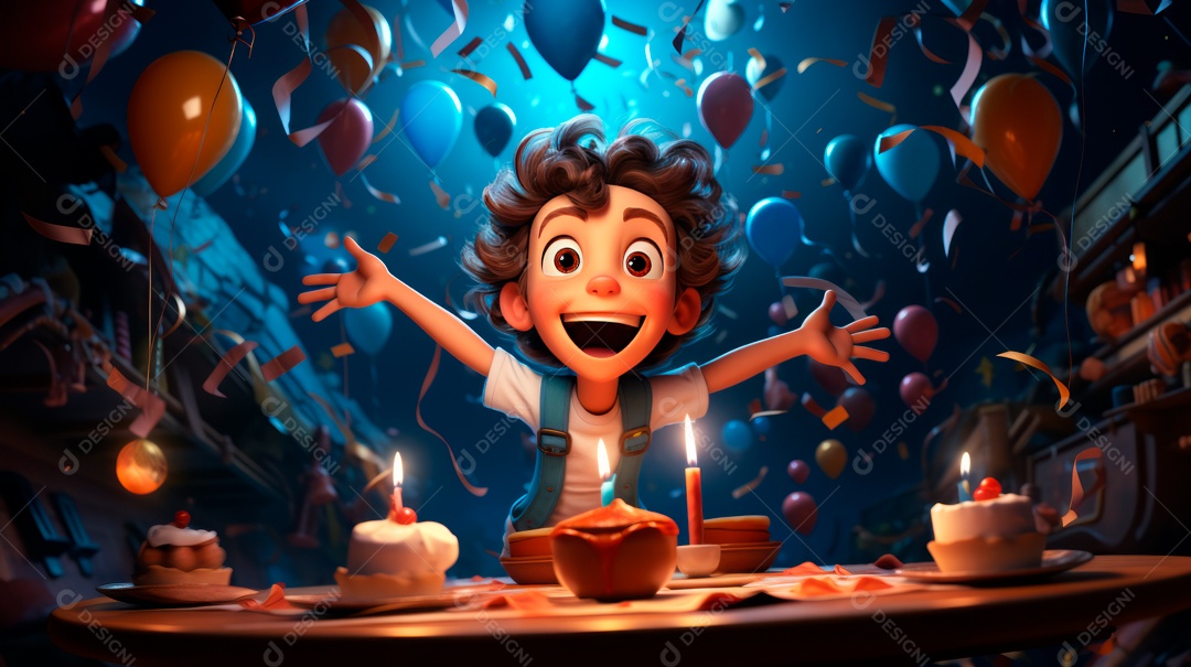 Personagens de desenhos animados infantis comemorando seu aniversário em estilo 3D.