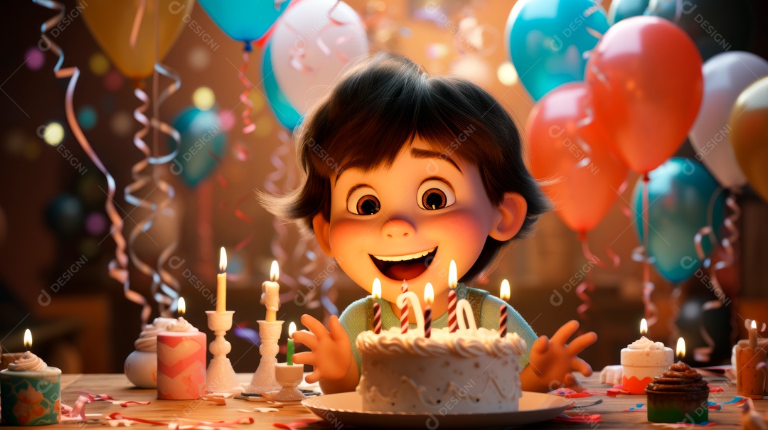 Personagens de desenhos animados infantis comemorando seu aniversário em estilo 3D.