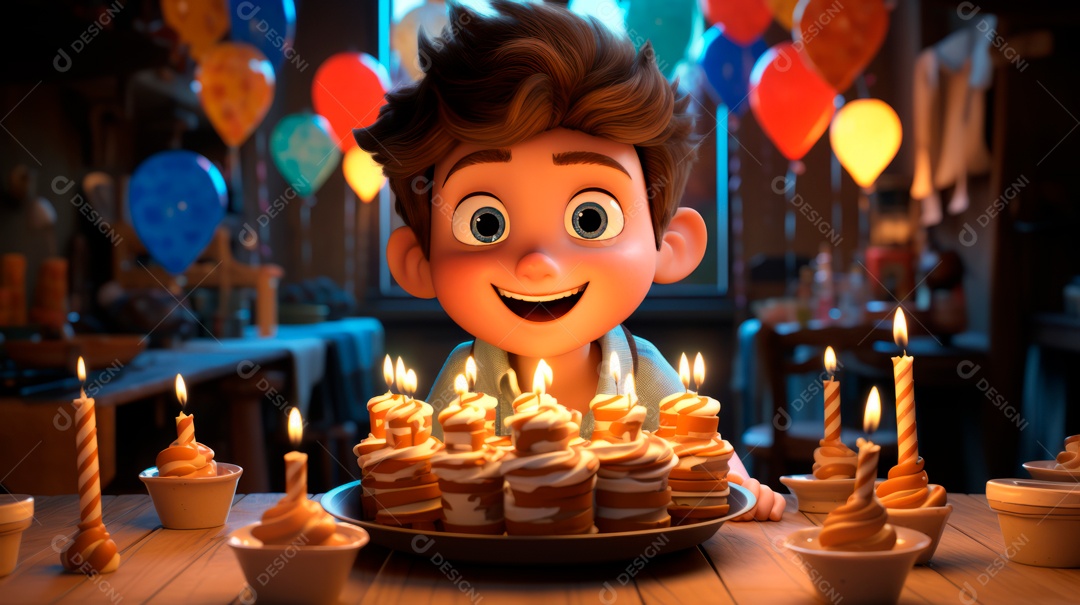 Personagens de desenhos animados infantis comemorando seu aniversário em estilo 3D.