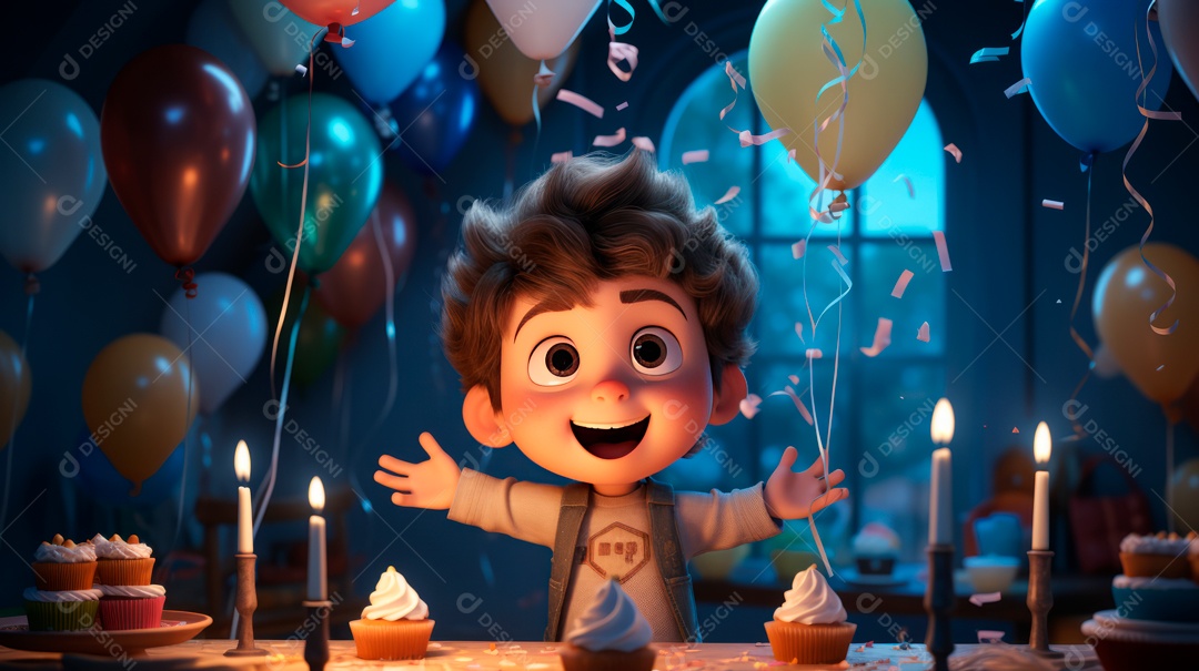 Personagens de desenhos animados infantis comemorando seu aniversário em estilo 3D.