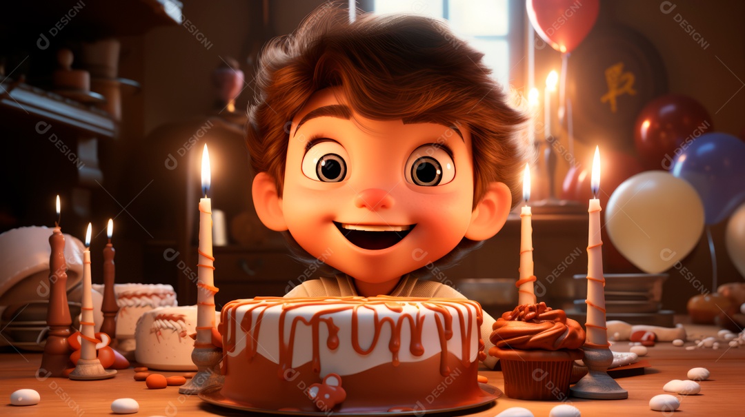 Personagens de desenhos animados infantis comemorando seu aniversário em estilo 3D.
