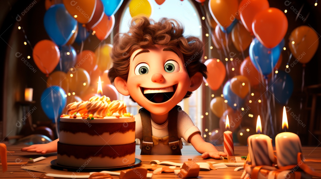 Personagens de desenhos animados infantis comemorando seu aniversário em estilo 3D.