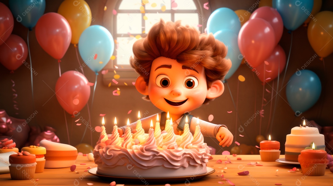 Personagens de desenhos animados infantis comemorando seu aniversário em estilo 3D.