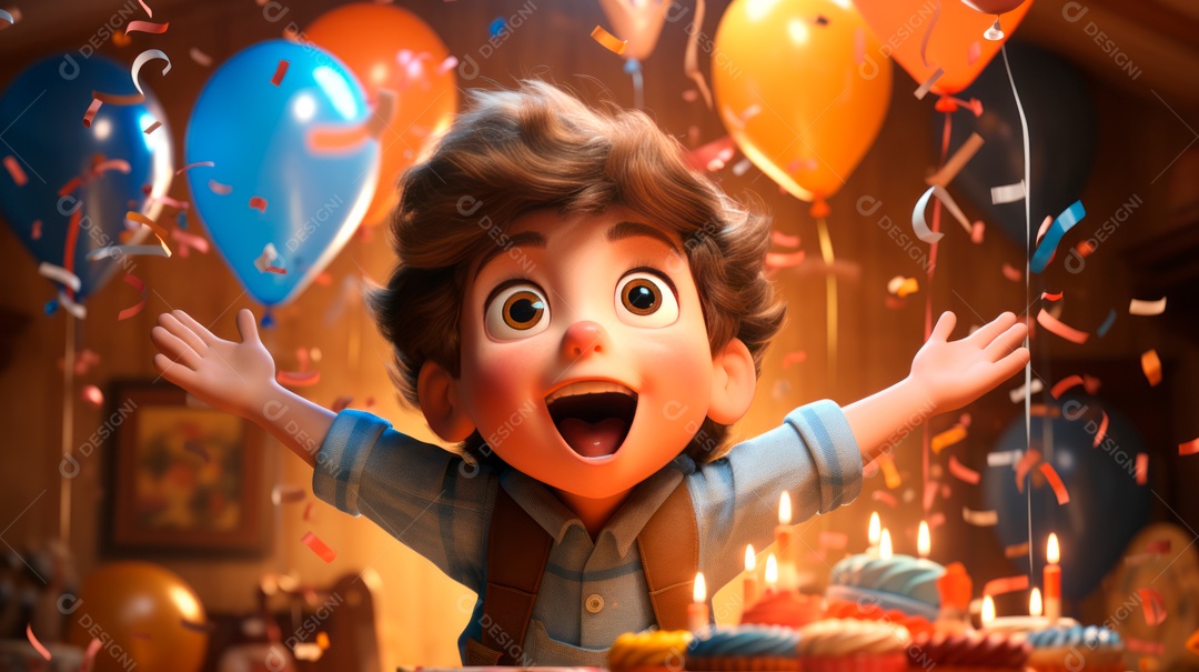 Personagens de desenhos animados infantis comemorando seu aniversário em estilo 3D.