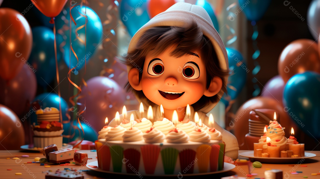 Personagens de desenhos animados infantis comemorando seu aniversário em estilo 3D.