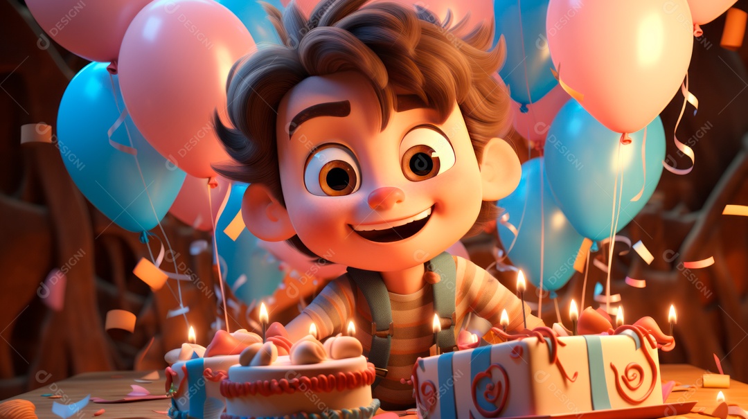 Personagens de desenhos animados infantis comemorando seu aniversário em estilo 3D.