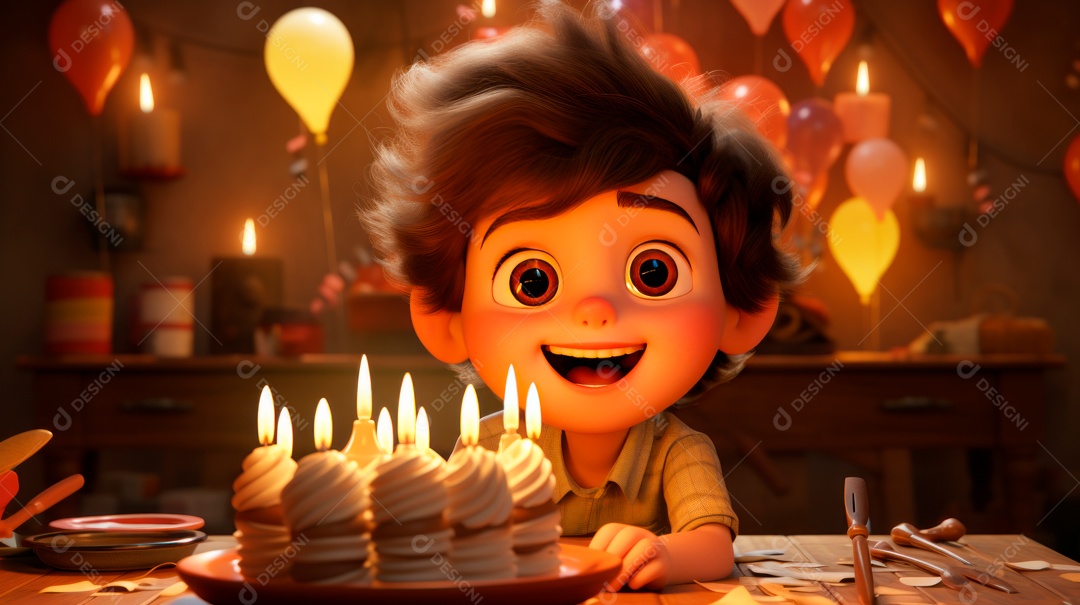 Personagens de desenhos animados infantis comemorando seu aniversário em estilo 3D.