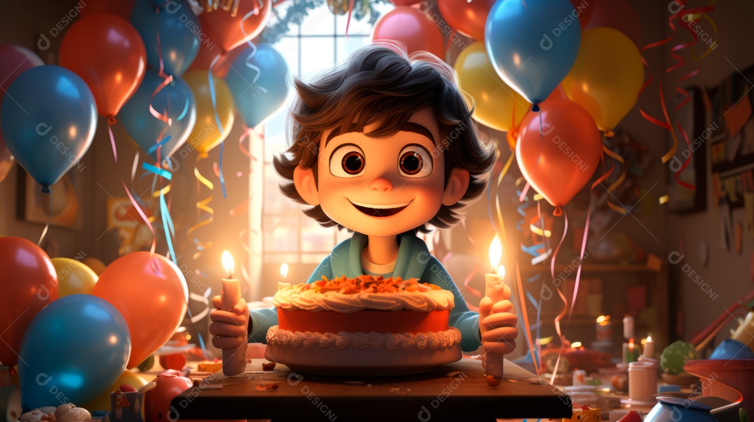 Personagens de desenhos animados infantis comemorando seu aniversário em estilo 3D.