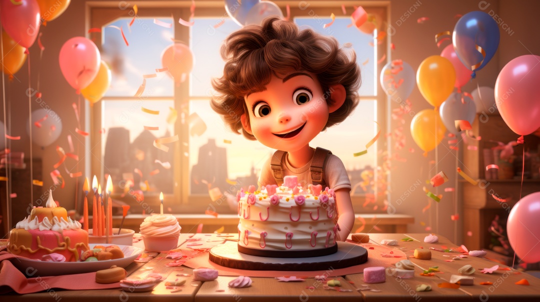 Personagens de desenhos animados infantis comemorando seu aniversário em estilo 3D.