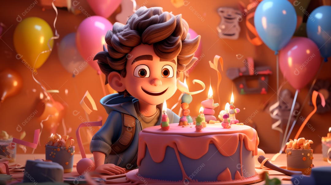 Personagens de desenhos animados infantis comemorando seu aniversário em estilo 3D.