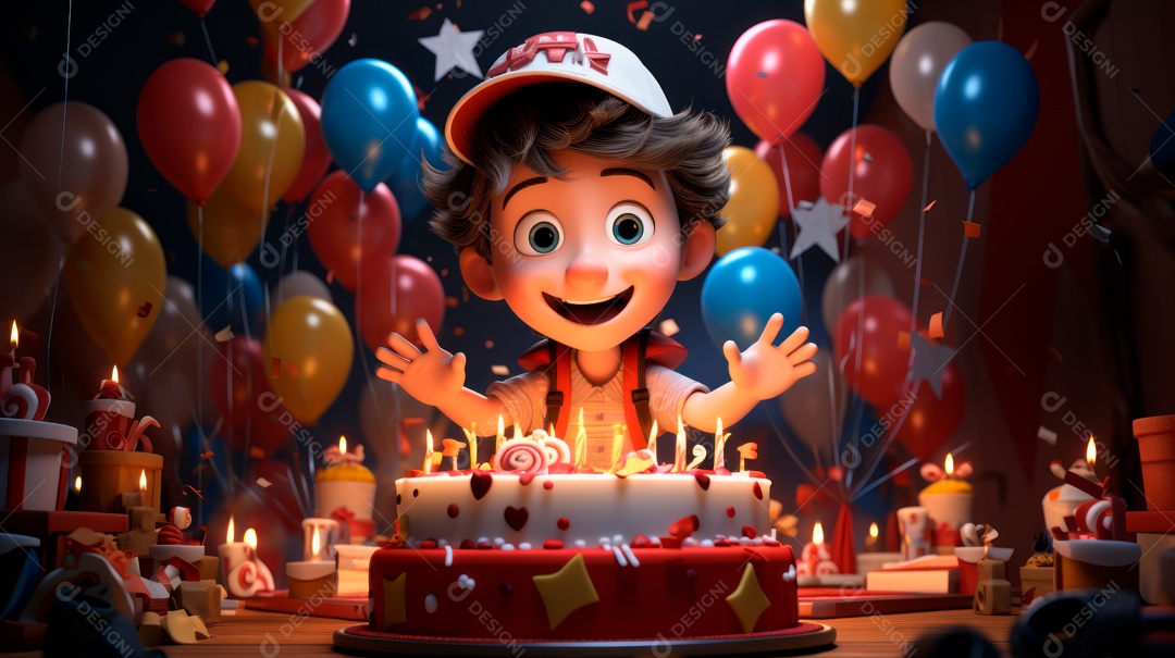 Personagens de desenhos animados infantis comemorando seu aniversário em estilo 3D.