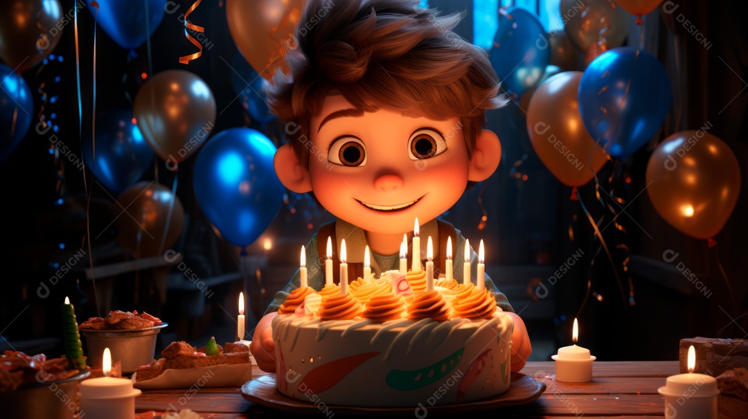 Personagens de desenhos animados infantis comemorando seu aniversário em estilo 3D.