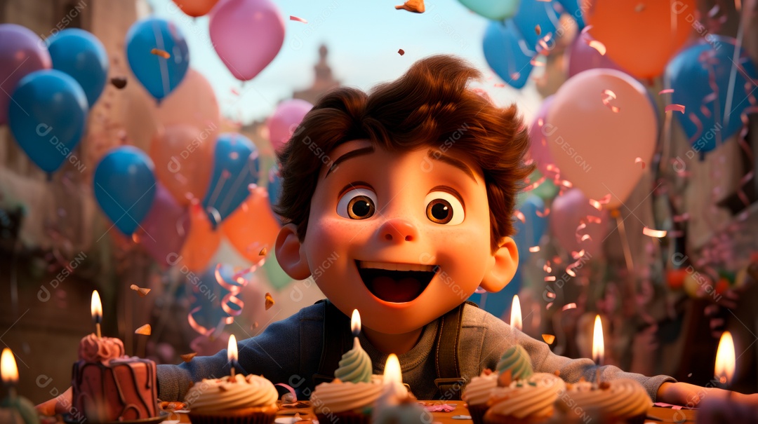 Personagens de desenhos animados infantis comemorando seu aniversário em estilo 3D.