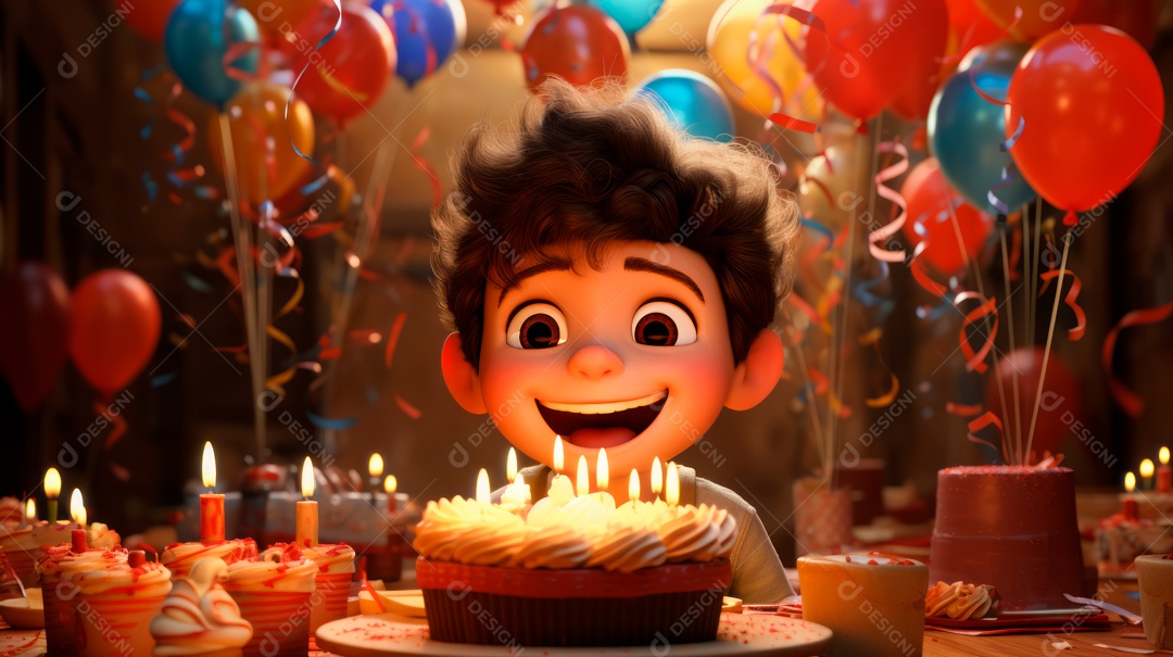 Personagens de desenhos animados infantis comemorando seu aniversário em estilo 3D.