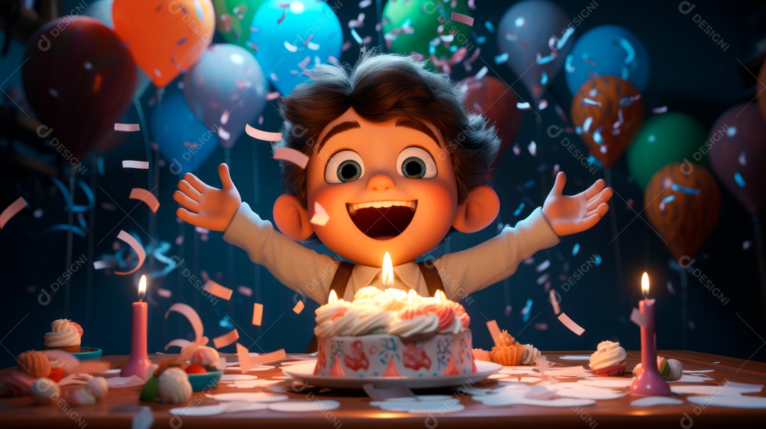 Personagens de desenhos animados infantis comemorando seu aniversário em estilo 3D.