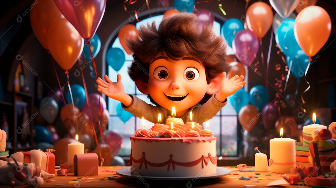 Personagens de desenhos animados infantis comemorando seu aniversário em estilo 3D.