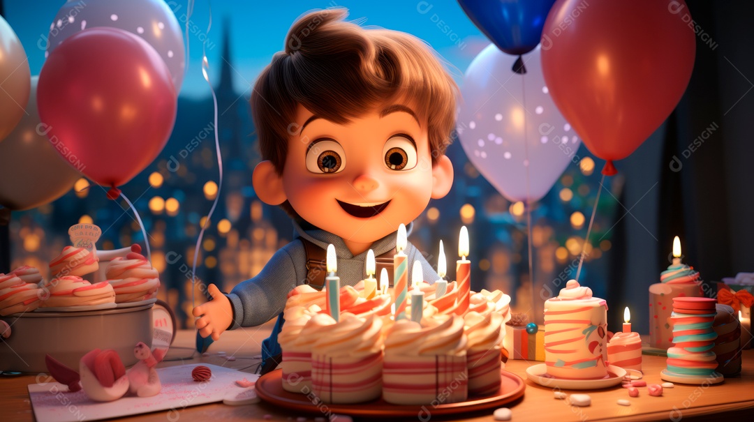 Personagens de desenhos animados infantis comemorando seu aniversário em estilo 3D.