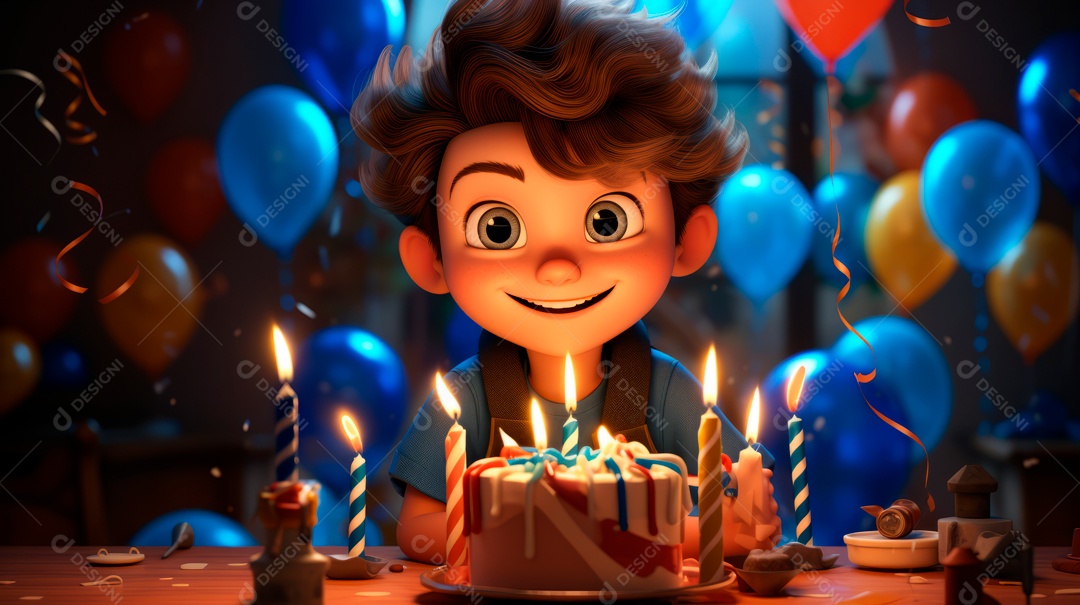Personagens de desenhos animados infantis comemorando seu aniversário em estilo 3D.