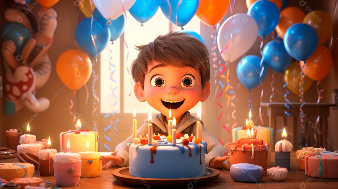 Personagens de desenhos animados infantis comemorando seu aniversário em estilo 3D.