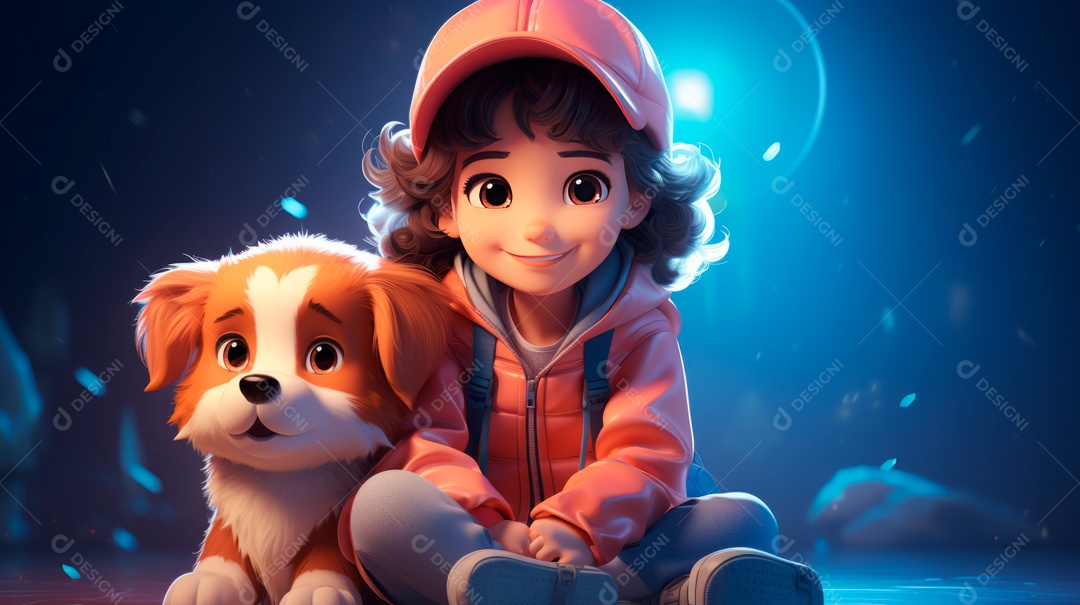 Personagens de desenhos animados infantis brincando com animais de estimação, estilo 3D criado pela Generative.