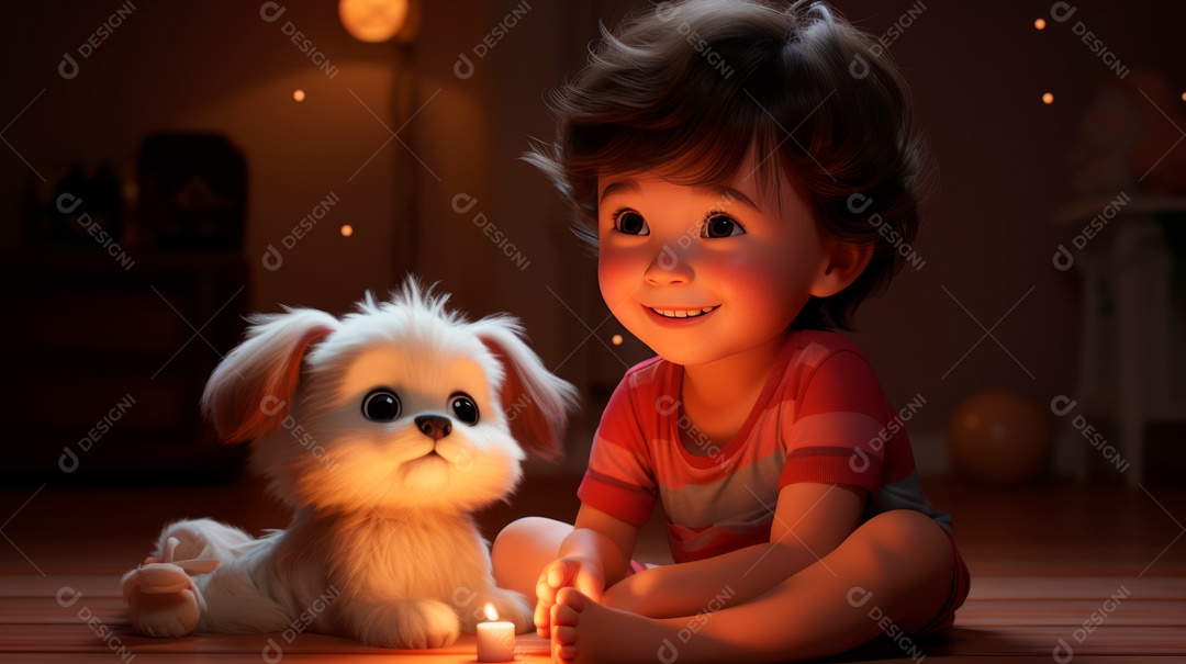 Personagens de desenhos animados infantis brincando com animais de estimação, estilo 3D criado pela Generative.