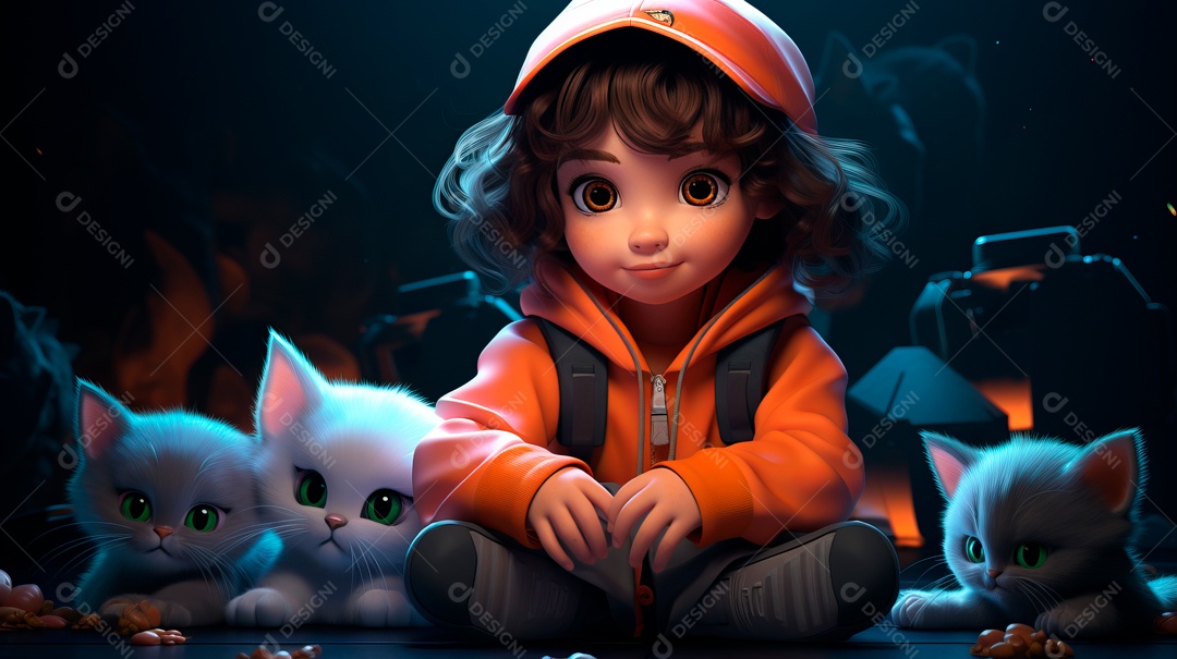 Personagens de desenhos animados infantis brincando com animais de estimação, estilo 3D criado pela Generative.