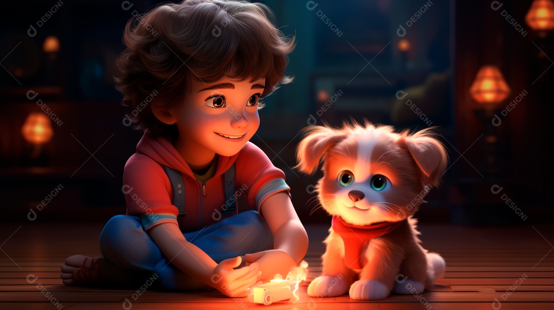 Personagens de desenhos animados infantis brincando com animais de estimação, estilo 3D criado pela Generative.