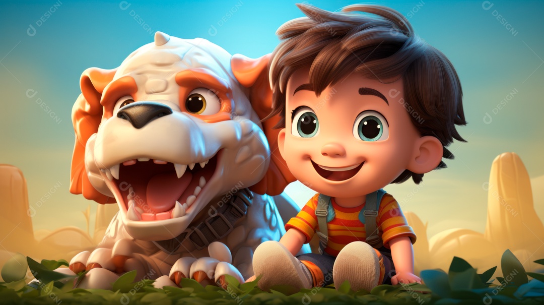 Personagens de desenhos animados infantis brincando com animais de estimação, estilo 3D criado pela Generative.