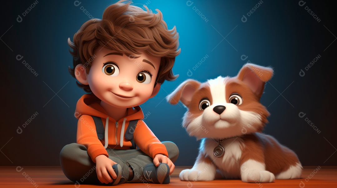 Personagens de desenhos animados infantis brincando com animais de estimação, estilo 3D criado pela Generative.